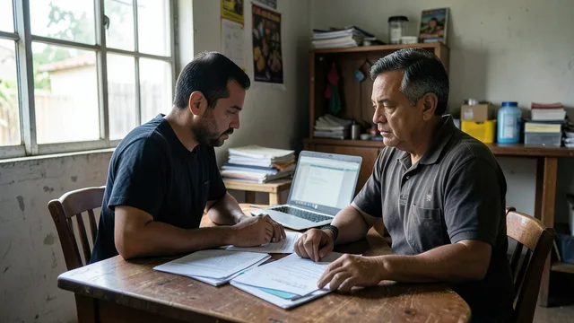 Imagem gerada por IA: Pequeno empresário analisa contas e documentos em uma mesa.