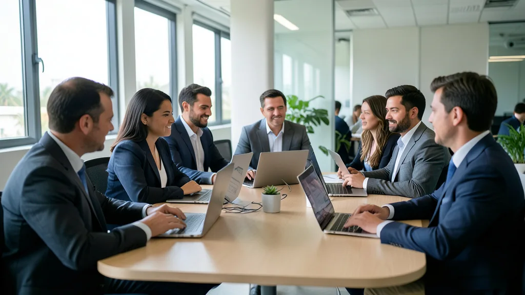 Imagem gerada por IA: Profissionais colaboram em uma equipe de trabalho em um escritório moderno, usando laptops.