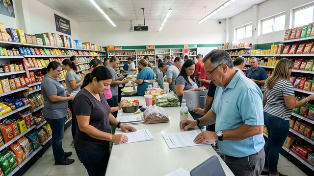 Imagem gerada por IA: Funcionários trabalham em diferentes setores de um supermercado enquanto um gerente consulta uma escala.