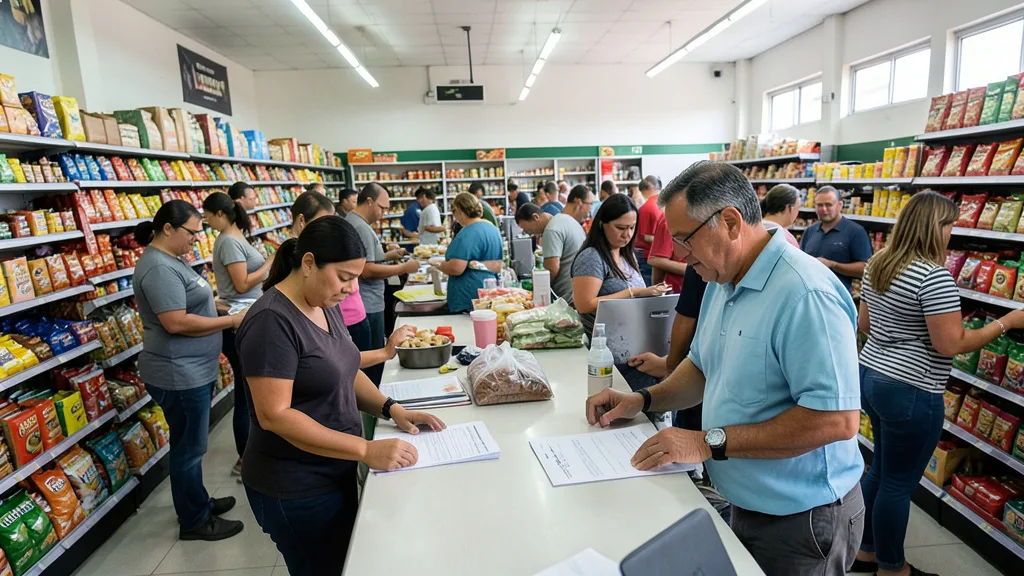 Imagem gerada por IA: Funcionários trabalham em diferentes setores de um supermercado enquanto um gerente consulta uma escala.