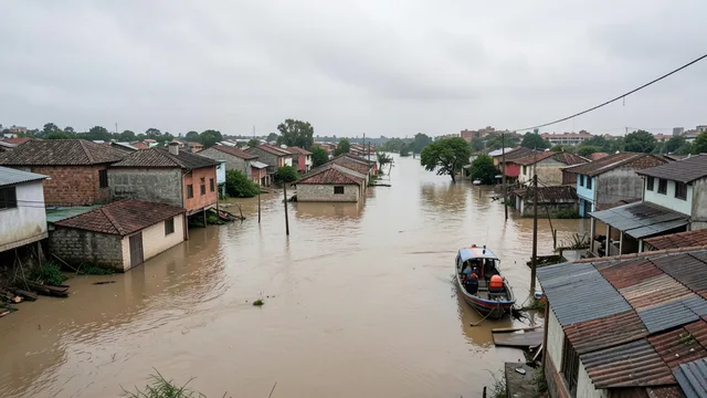 Imagem gerada por IA: Casas parcialmente submersas pelas enchentes em uma cidade às margens de um rio na Argentina.