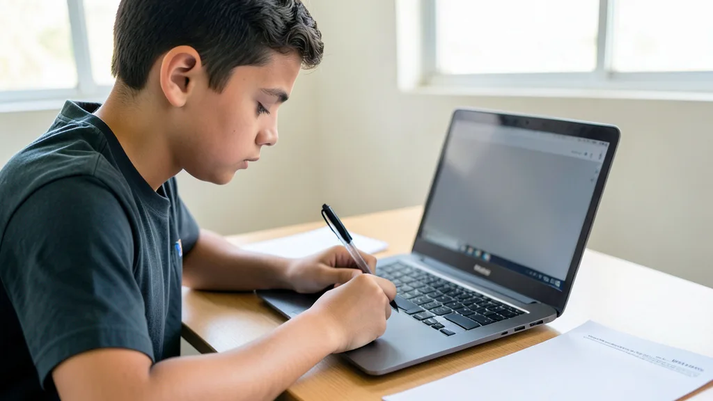 Imagem gerada por IA: Estudante consulta informações do Enem em um laptop, com caneta preta e folha sobre a mesa.