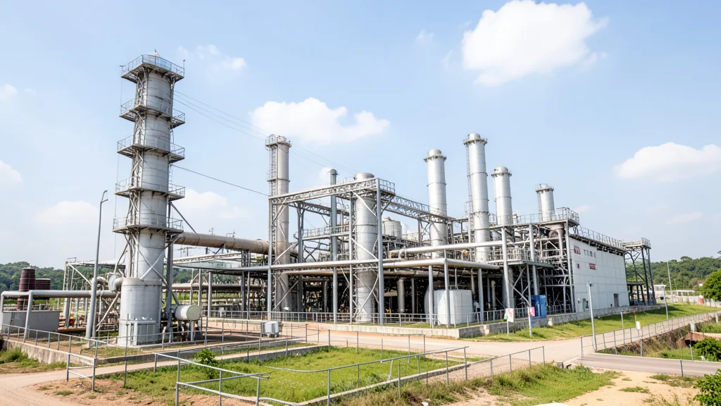 Imagem gerada por IA: Usina termelétrica com tubulações e equipamentos industriais.