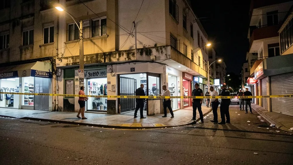 Imagem gerada por IA: Rua de Santos isolada para investigação policial durante a noite.