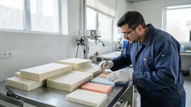 Imagem gerada por IA: Amostras de lã mineral e placas de espuma isolante em um laboratório de testes.