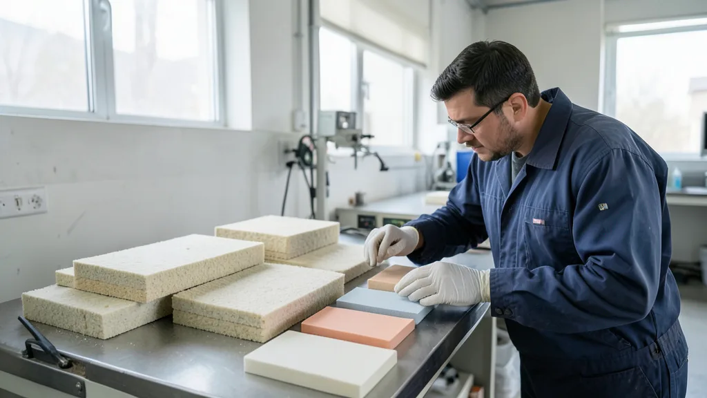 Imagem gerada por IA: Amostras de lã mineral e placas de espuma isolante em um laboratório de testes.