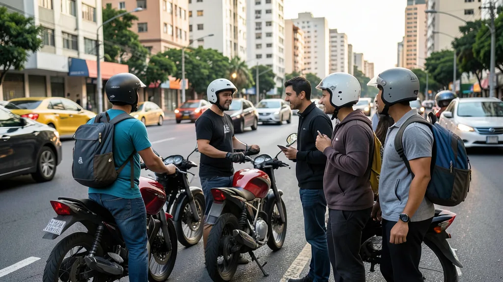 Imagem gerada por IA: Entregadores conversam ao lado de motos em uma avenida de São Paulo.