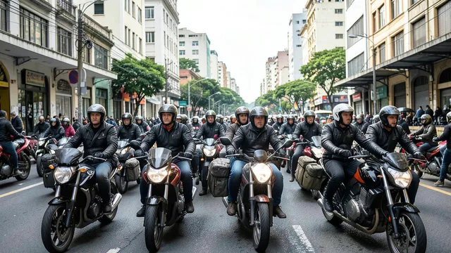 Imagem gerada por IA: Entregadores de aplicativo de capacete participam de motociata em uma rua de São Paulo.