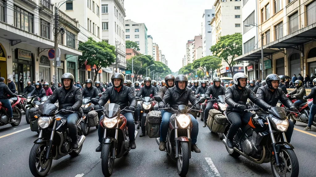 Imagem gerada por IA: Entregadores de aplicativo de capacete participam de motociata em uma rua de São Paulo.