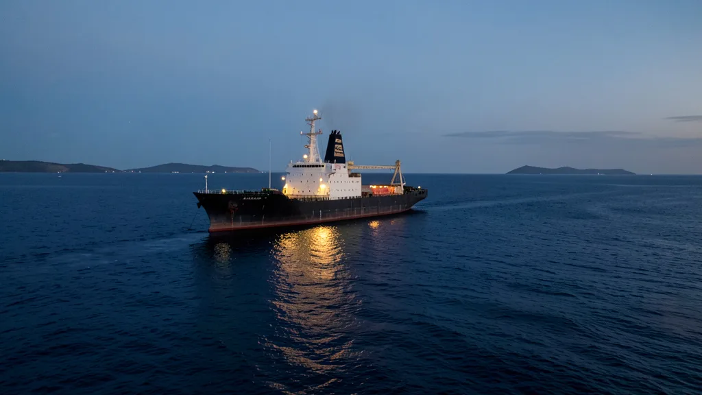 Navio de exploração offshore no Atlântico Sul ao anoitecer.