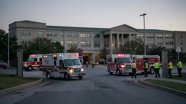 Imagem gerada por IA: Ambulância e caminhões de bombeiros diante do portão de uma prisão.