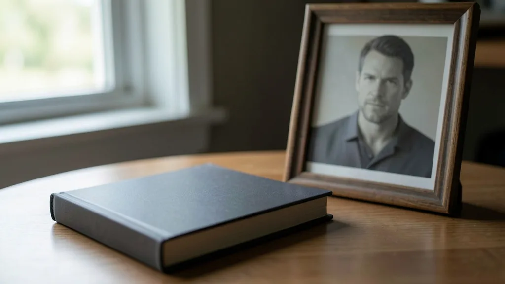 Imagem gerada por IA: Retrato de Eric Dane ao lado de um livro de memórias sem título visível.