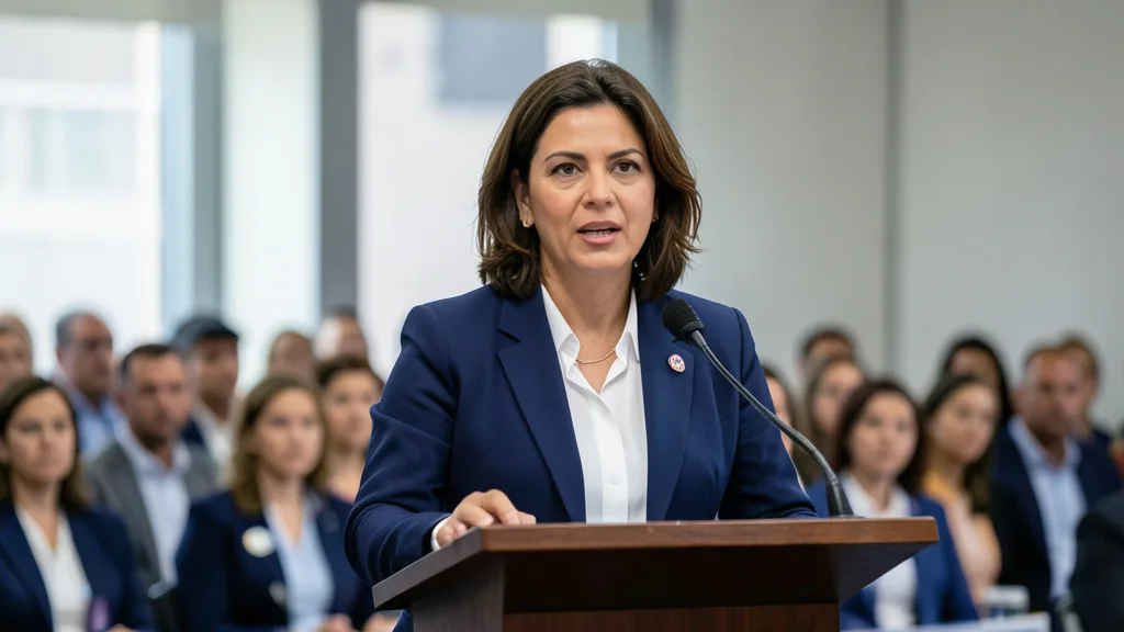 Imagem gerada por IA: Erika Hilton fala em um evento político, diante de um público desfocado.