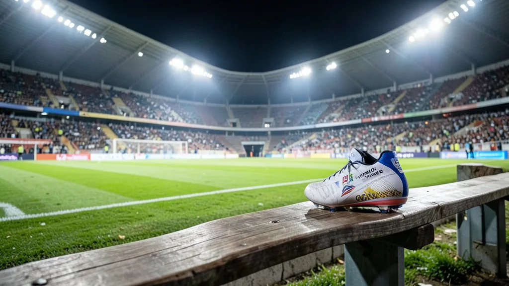 Imagem gerada por IA: Chuteiras ao lado do banco de reservas em um estádio iluminado antes de uma partida.