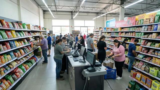 Imagem gerada por IA: Funcionários trabalham em caixas e repõem produtos em um supermercado movimentado.