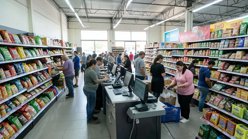 Imagem gerada por IA: Funcionários trabalham em caixas e repõem produtos em um supermercado movimentado.