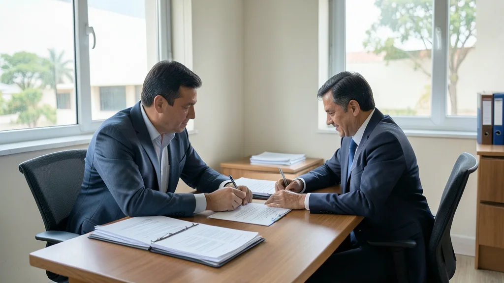 Imagem gerada por IA: Dois profissionais analisam documentos em um escritório de advocacia.