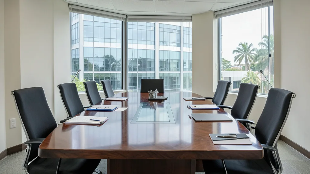 Imagem gerada por IA: Sala de reunião vazia em um edifício moderno, com mesa e documentos ligados a uma negociação financeira.