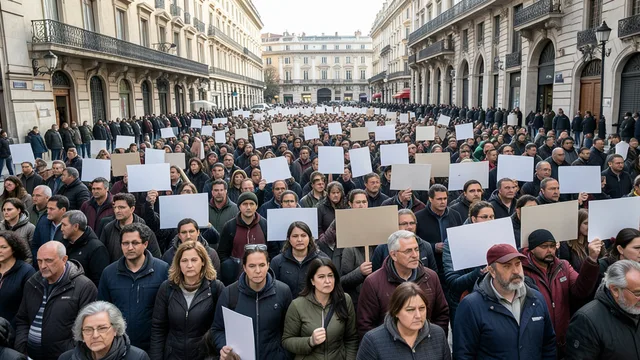 Imagem gerada por IA: Manifestantes participam de um protesto contra a crise de moradia em uma praça de Madri.