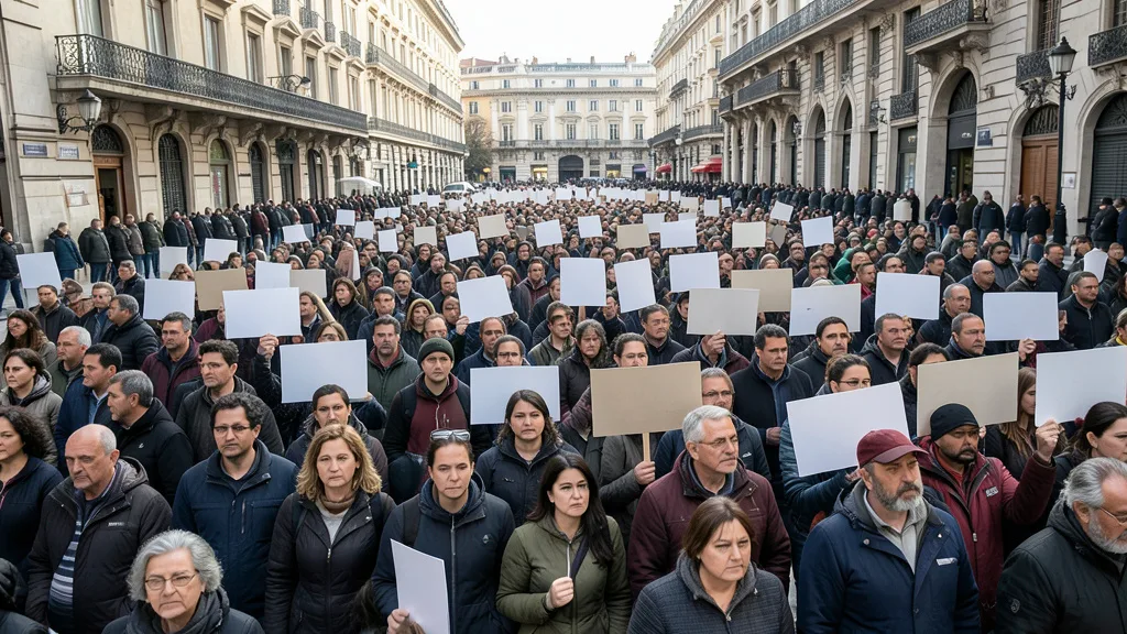 Imagem gerada por IA: Manifestantes participam de um protesto contra a crise de moradia em uma praça de Madri.