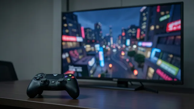 Controle de videogame diante de uma televisão com uma cidade urbana desfocada à noite.