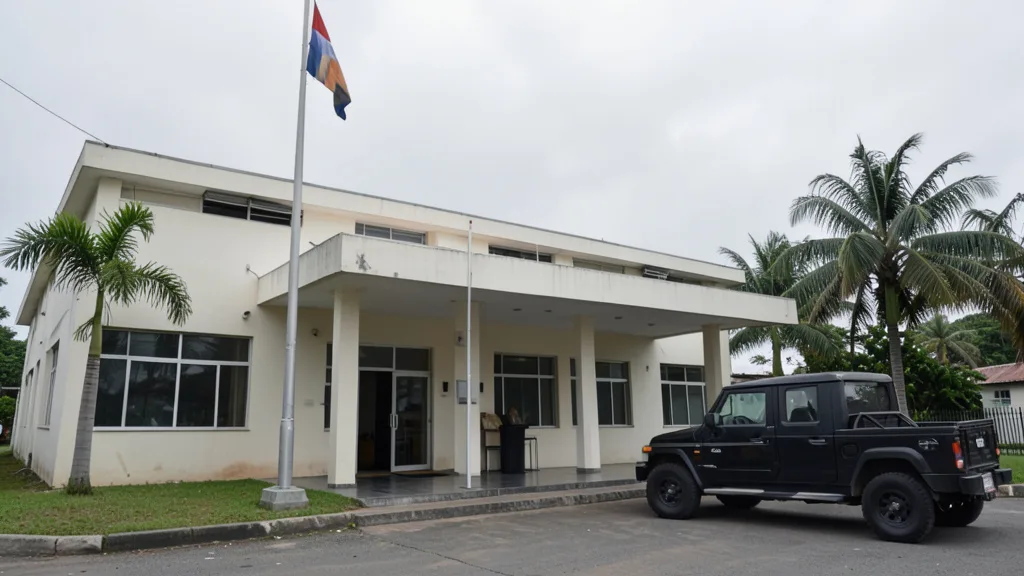 Imagem gerada por IA: Fachada de um prédio diplomático em Manágua, com um veículo oficial estacionado próximo à entrada.