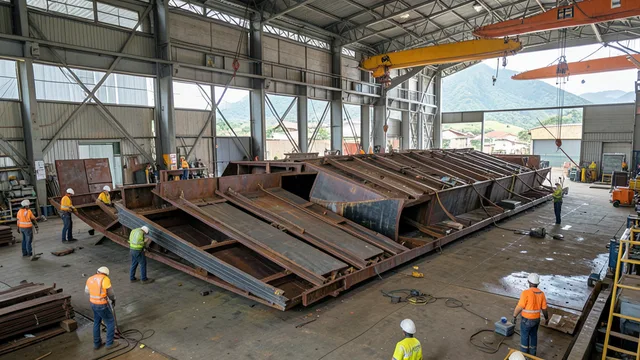 Imagem gerada por IA: Estrutura de um navio em montagem em um estaleiro, com trabalhadores e equipamentos industriais ao fundo.