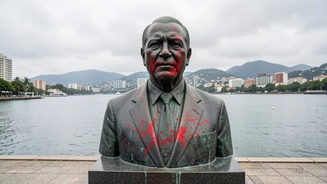 Imagem gerada por IA: Estátua de bronze de João Goulart com marcas vermelhas na Orla do Guaíba, em Porto Alegre.
