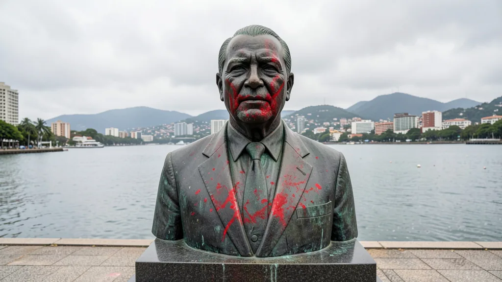 Imagem gerada por IA: Estátua de bronze de João Goulart com marcas vermelhas na Orla do Guaíba, em Porto Alegre.