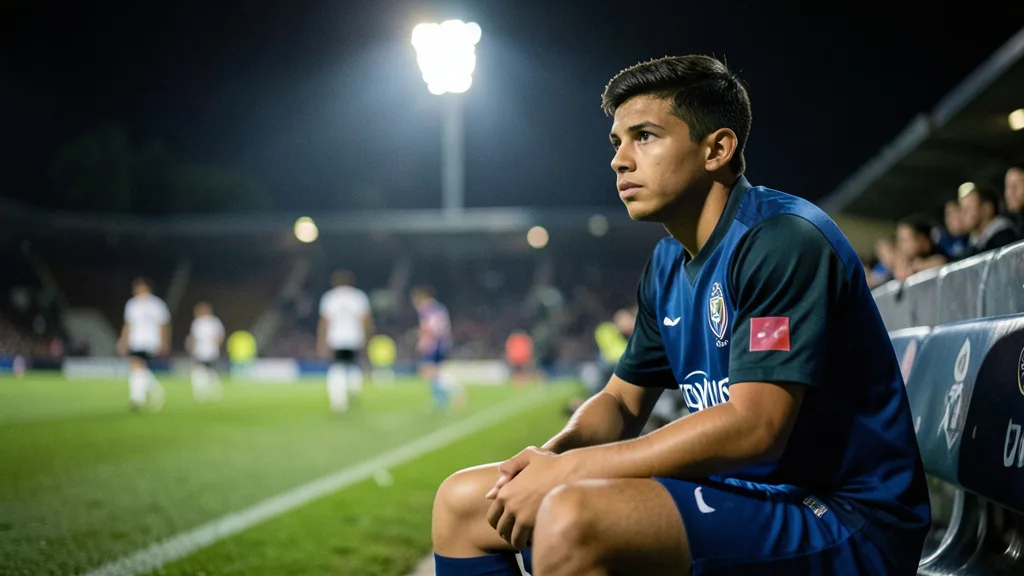 Imagem gerada por IA: Jogador brasileiro sentado no banco de reservas durante uma partida noturna de futebol.