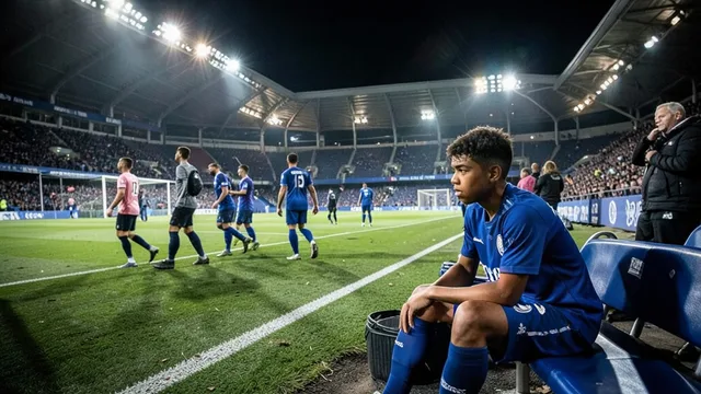 Imagem gerada por IA: Jogador de azul sentado no banco enquanto colegas aquecem em um estádio de futebol.