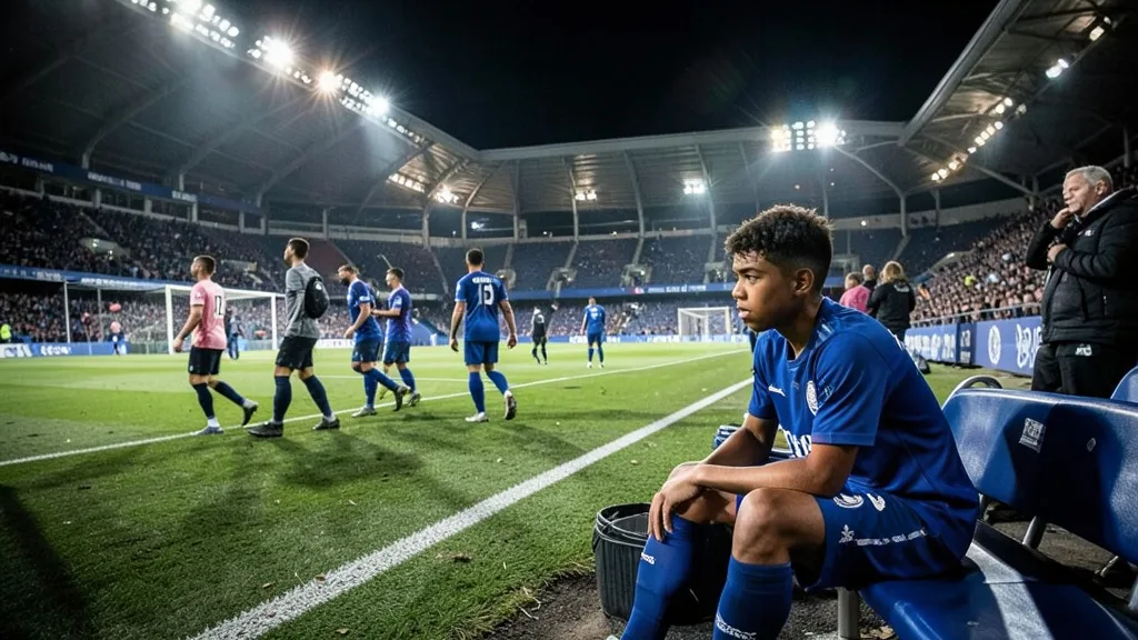 Imagem gerada por IA: Jogador de azul sentado no banco enquanto colegas aquecem em um estádio de futebol.