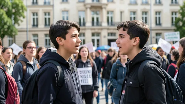 Imagem gerada por IA: Estudante fala durante uma mobilização diante de uma escola em Paris.