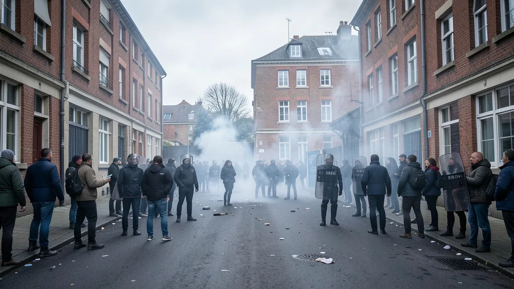 Imagem gerada por IA: Entrada de uma escola francesa durante um protesto, com escudos policiais ao fundo.