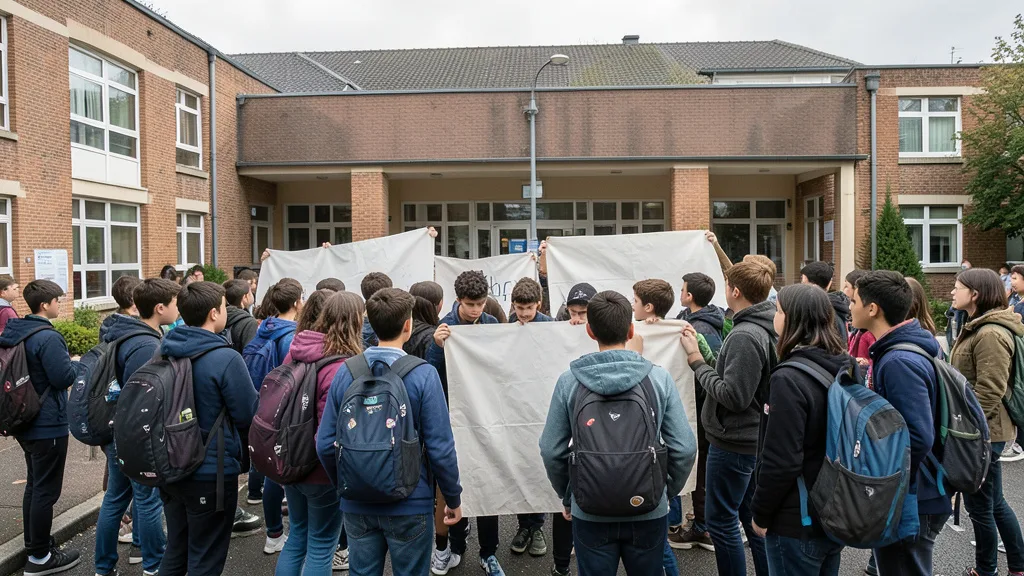 Imagem gerada por IA: Estudantes se reúnem diante da entrada de uma escola francesa durante um protesto.