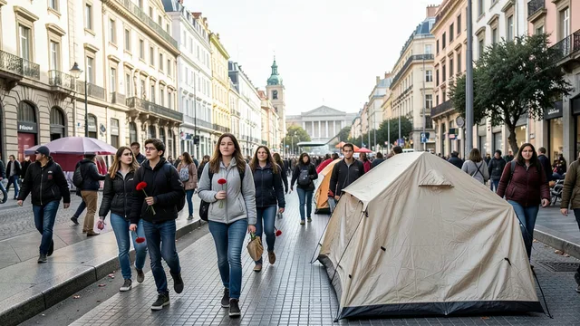 Imagem gerada por IA: Jovens marcham por uma avenida de Lisboa com flores vermelhas e tendas.
