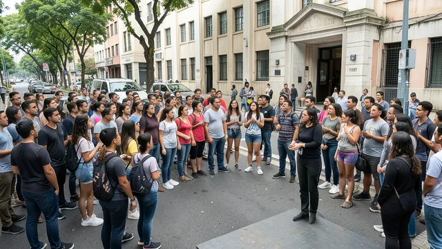 Imagem gerada por IA: Manifestantes se reúnem em uma rua diante da entrada de uma universidade em São Paulo.