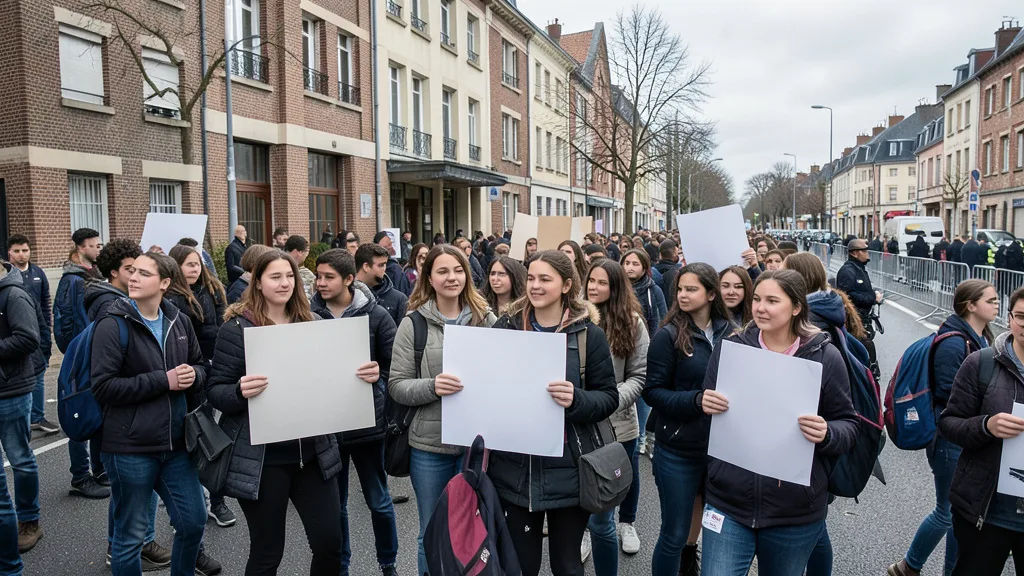 Imagem gerada por IA: Estudantes protestam do lado de fora de uma escola na França.