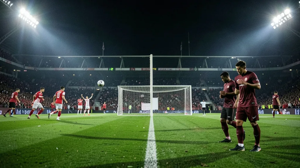 Imagem gerada por IA: Jogadores comemoram ao fundo após uma disputa de pênaltis em um estádio iluminado.