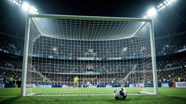 Imagem gerada por IA: Bola junto à linha do gol em estádio iluminado, com arquibancadas cheias ao fundo.