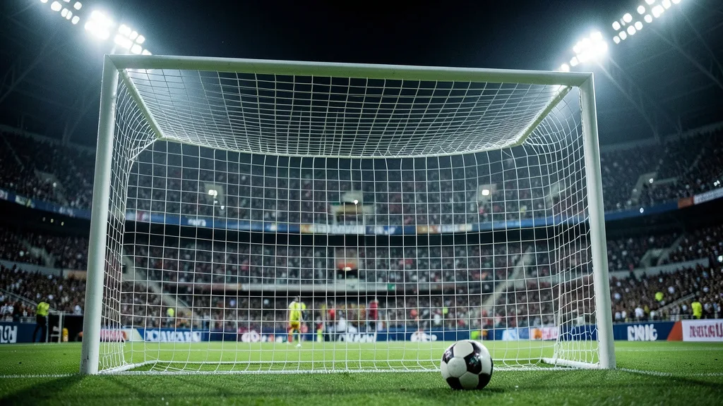 Imagem gerada por IA: Bola junto à linha do gol em estádio iluminado, com arquibancadas cheias ao fundo.