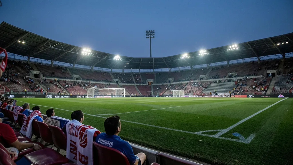 Imagem gerada por IA: Estádio de futebol em Montevidéu ao anoitecer, com um cachecol vermelho e branco em uma arquibancada.