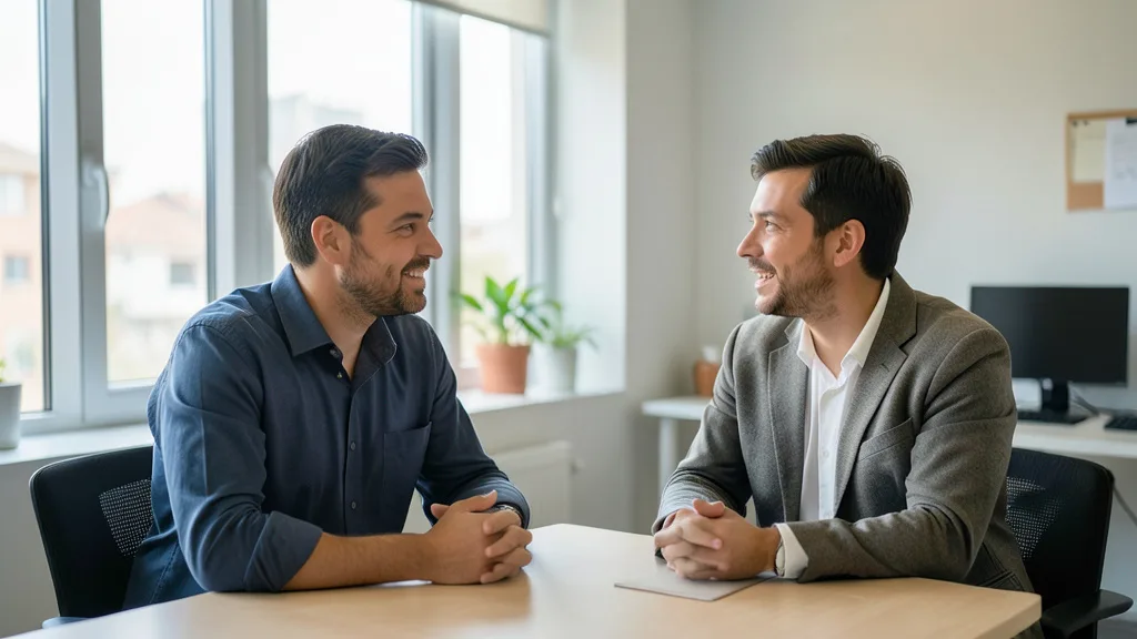 Imagem gerada por IA: Duas pessoas conversam em um escritório; uma escuta a outra com atenção.