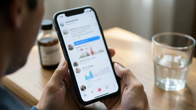 Imagem gerada por IA: Pessoa consulta redes sociais no celular ao lado de um frasco de remédio e um copo d’água.