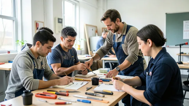 Imagem gerada por IA: Trabalhadores participam de uma atividade prática de formação profissional em uma oficina de ensino.