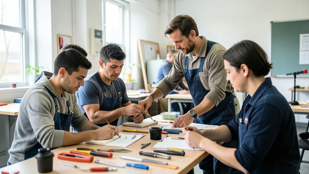 Imagem gerada por IA: Trabalhadores participam de uma atividade prática de formação profissional em uma oficina de ensino.