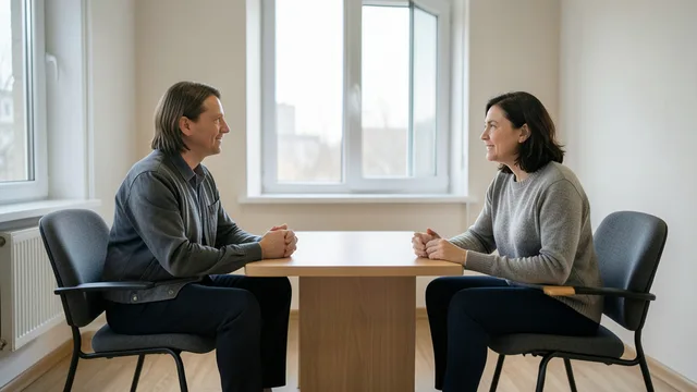 Imagem gerada por IA: Duas pessoas conversam em uma sala de atendimento psicossocial.