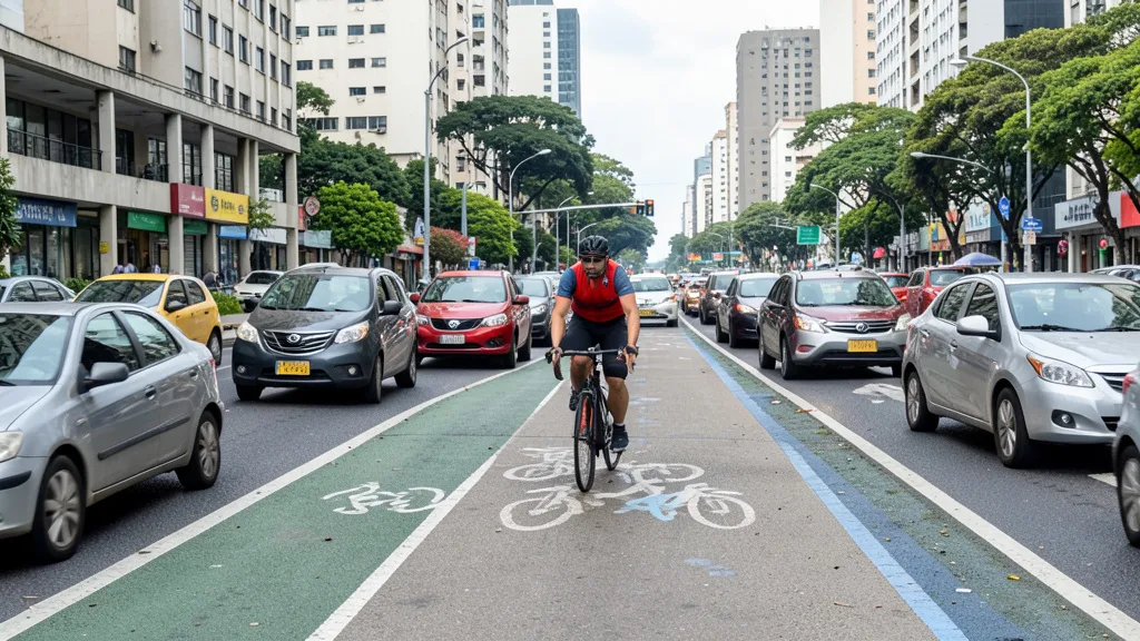 Imagem gerada por IA: Ciclista pedala em uma via urbana ao lado de carros em São Paulo.