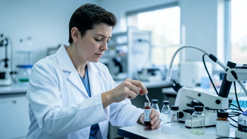 Imagem gerada por IA: Pesquisador analisa uma amostra de sangue em laboratório.