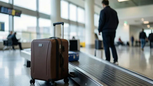 Imagem gerada por IA: Mala ao lado de uma esteira de inspeção em um aeroporto, com um viajante ao fundo.